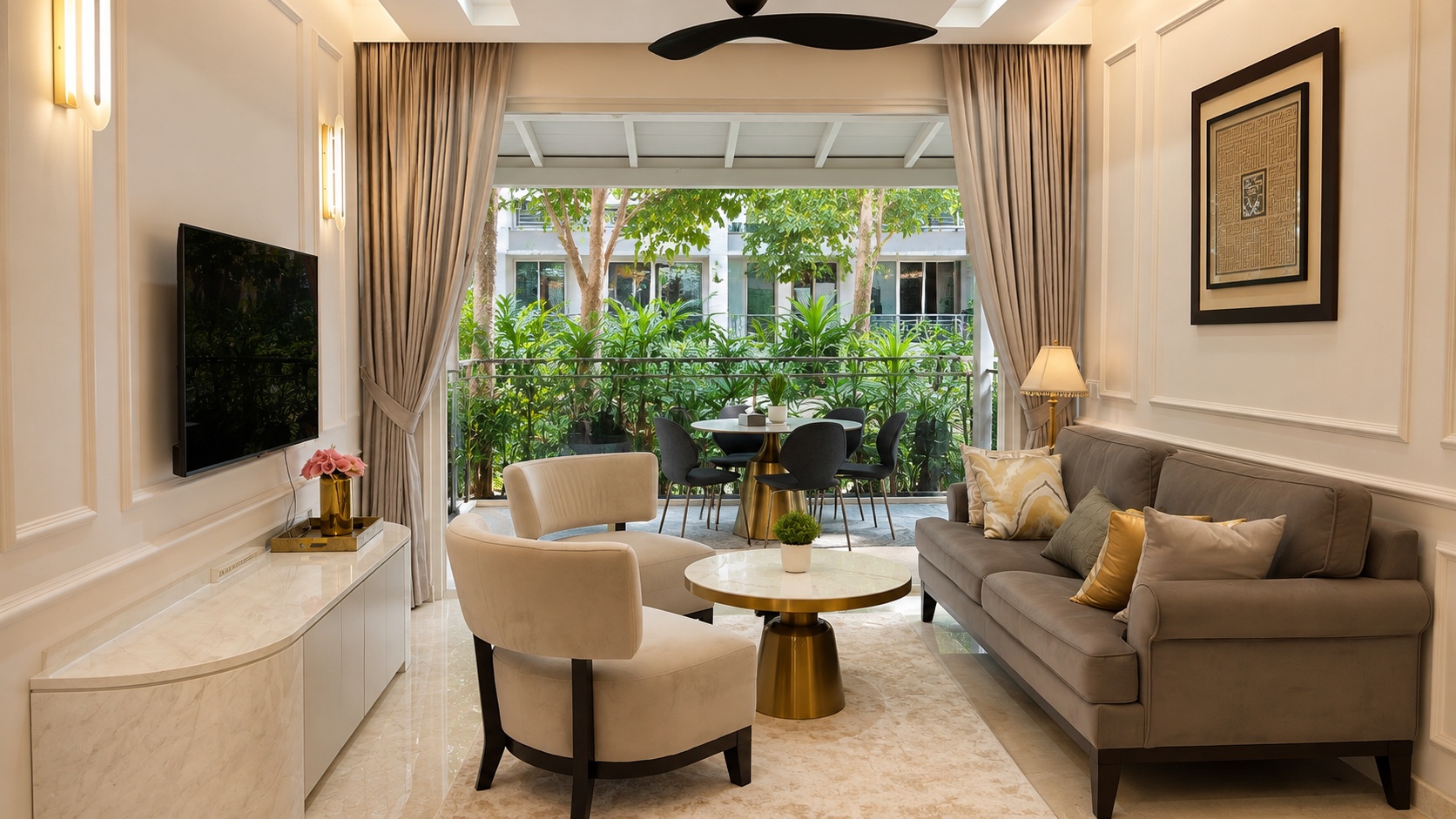 Elegant bright living room with patio outlook at Flamingo Valley